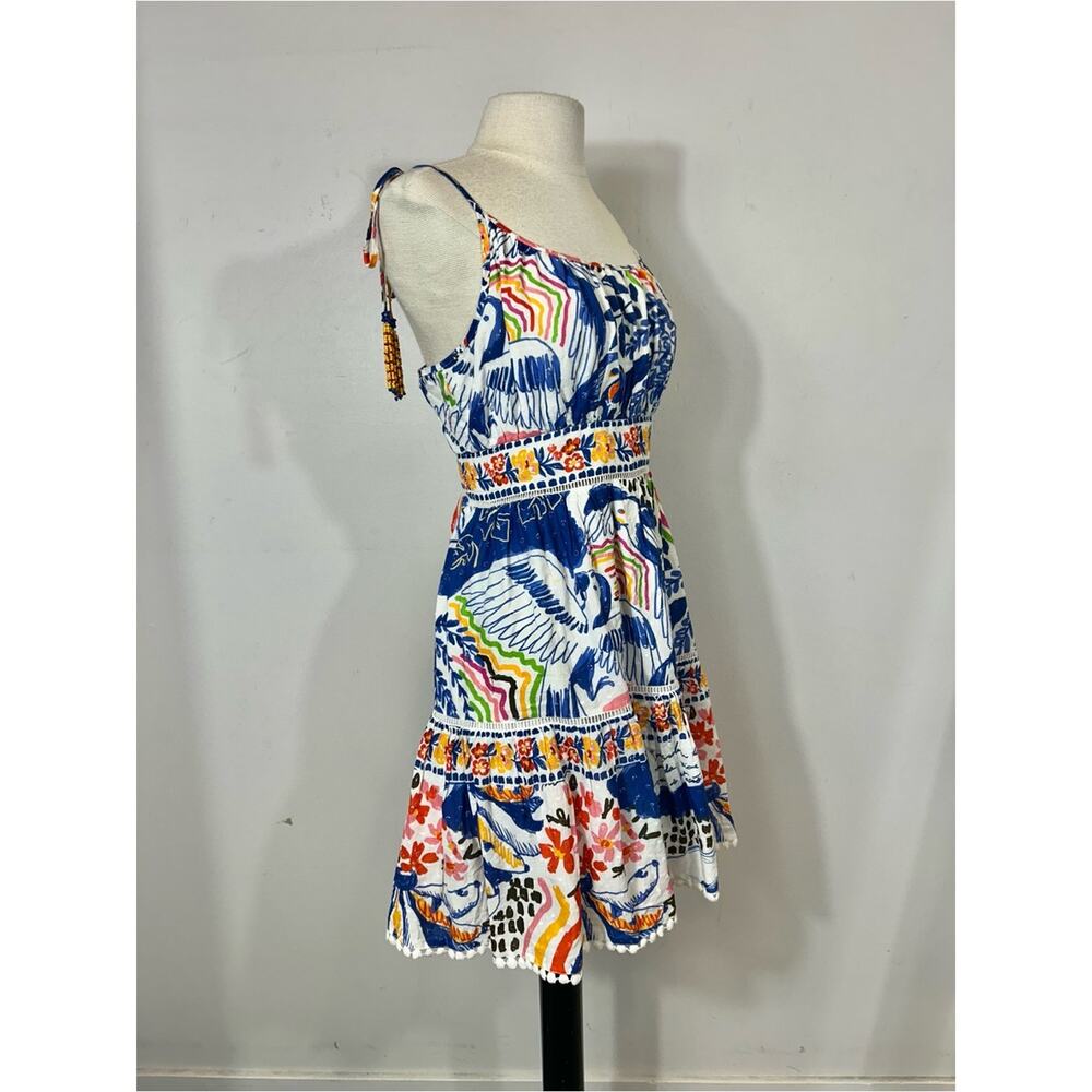 FARM Rio Tropical Toucan Bird Mini Dress Medium Beaded Tassel Pom Pom Trim - Picture 7 of 12